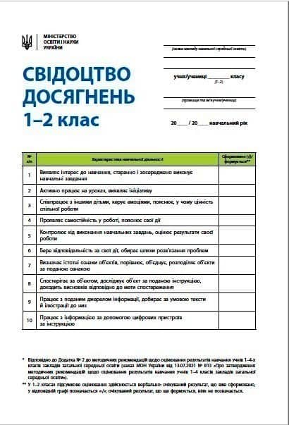 Свідоцтво досягнень учня. 1-2 класи. НУШ (Нове)