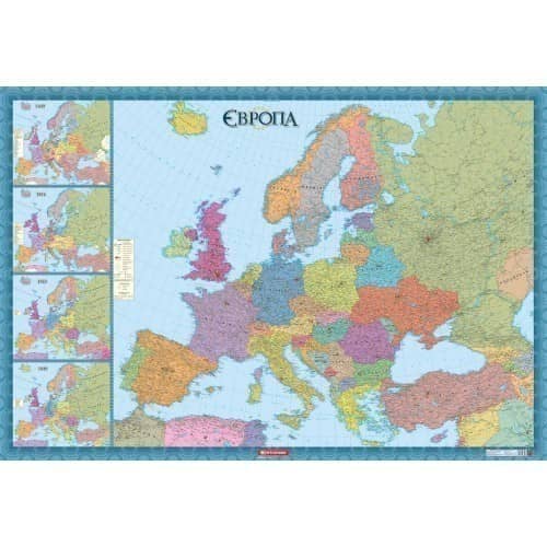 Європа. Політична карта ( з врізками) м-б 1:4 000 000 картон на планках.