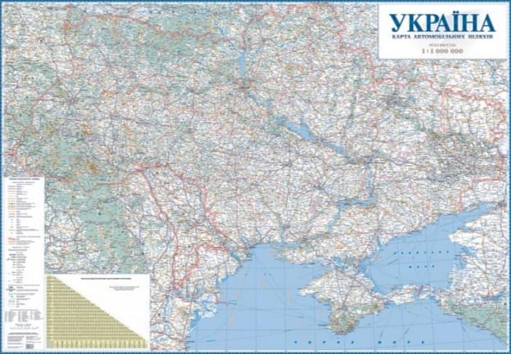 Україна.Карта автомобільних шляхів м-б1:1млн. картон на планках.