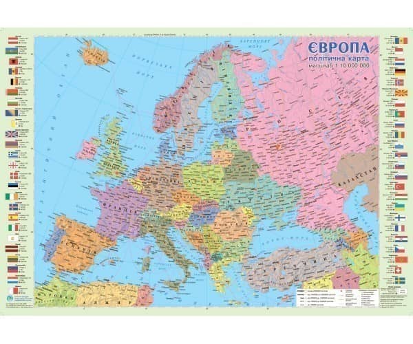 Політична карта Європи М1:10 000 000 карта стінна/настільна, 65х45 см укр картон/ламінована