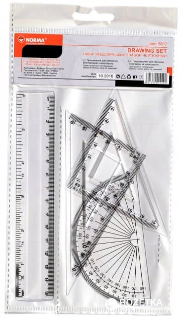 Набор: 15 см линейка+2 треуг.+транспортир, пласт. 9002