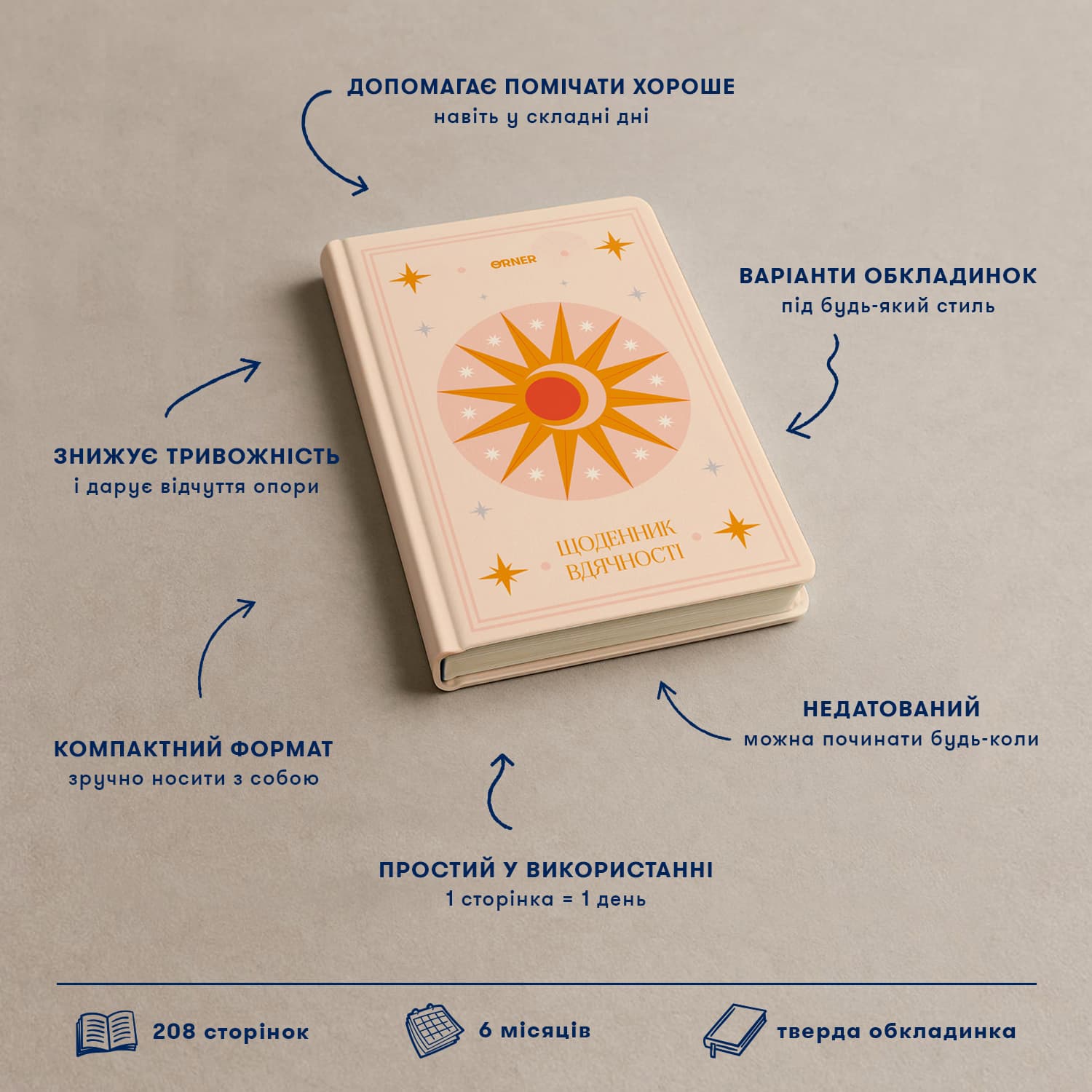 Щоденник вдячності «Місяць» бежевий, фото - 2