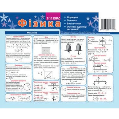 Картонка-підказка Фізика 7-11 кл 20*15 см 4стор
