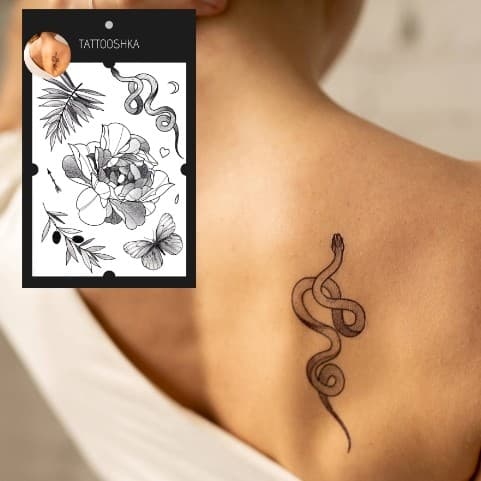 Тимчасові тату 17*28 см «Квітка, гілочки, змія», фото - 1