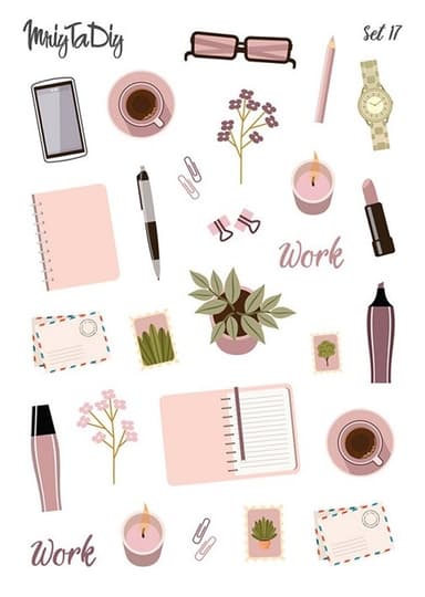 Стікер лист з наклейками Set 17  Канцелярія та квіти