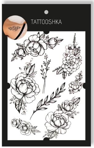 Тимчасові тату 17*28 см «Піони з гілочками», фото - 1