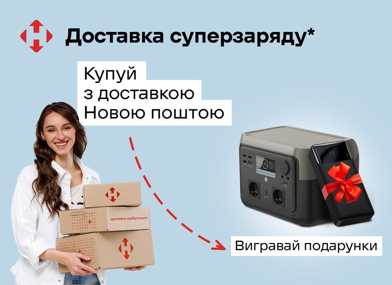 Доставка суперзаряду. Купуй з доставкою Новою поштою — вигравай подарунки Доставка суперзаряду. Купуй з доставкою Новою поштою — вигравай подарунки