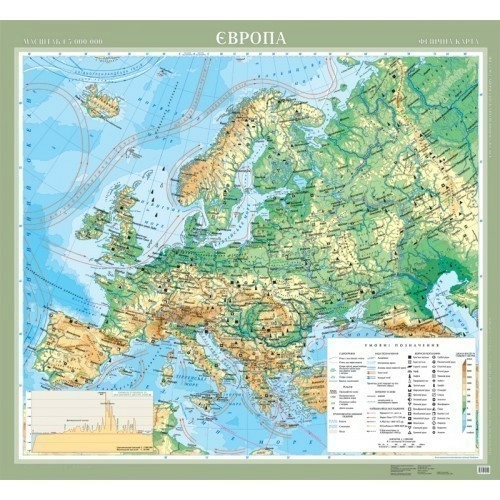 Європа. Фізична карта м-б 1:5 000 000 картон